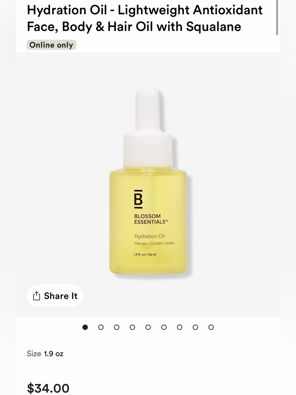 New in Box, Blossom Essentials Hydration Face Body Hair Oil Squalane Unisex 1.9